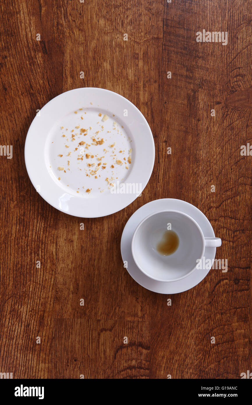 Empty coffee cup and plate with crumbs on wood overhead centered