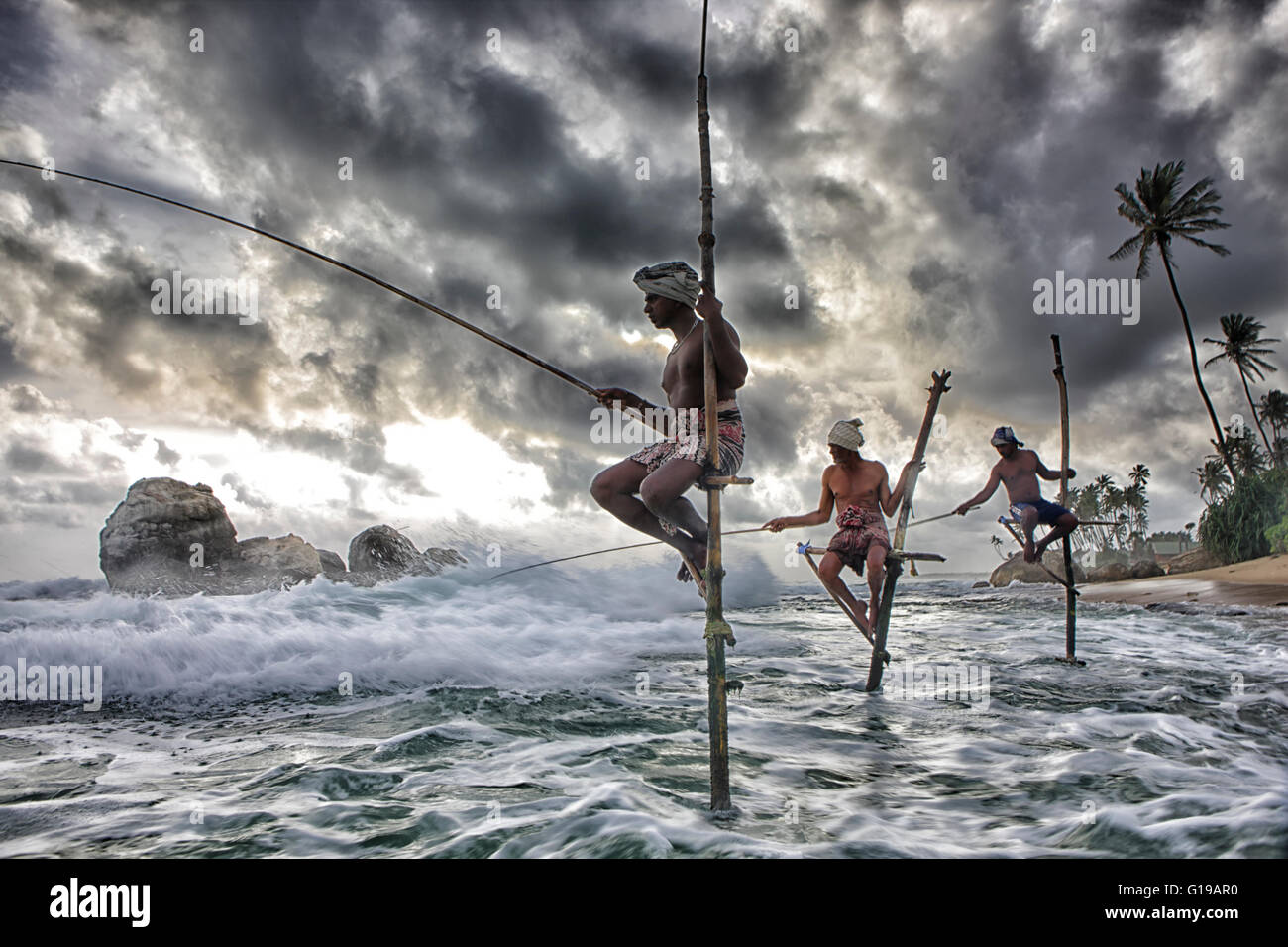 Stilt fishermen, Sri Lanka, traditional stilt fisherman at Kogalla, Sri ...