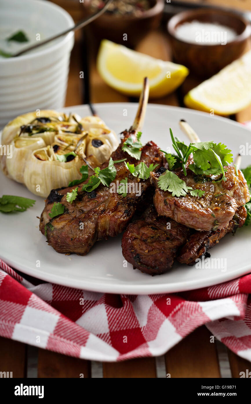 Lamb chops grilled with herbs Stock Photo Alamy