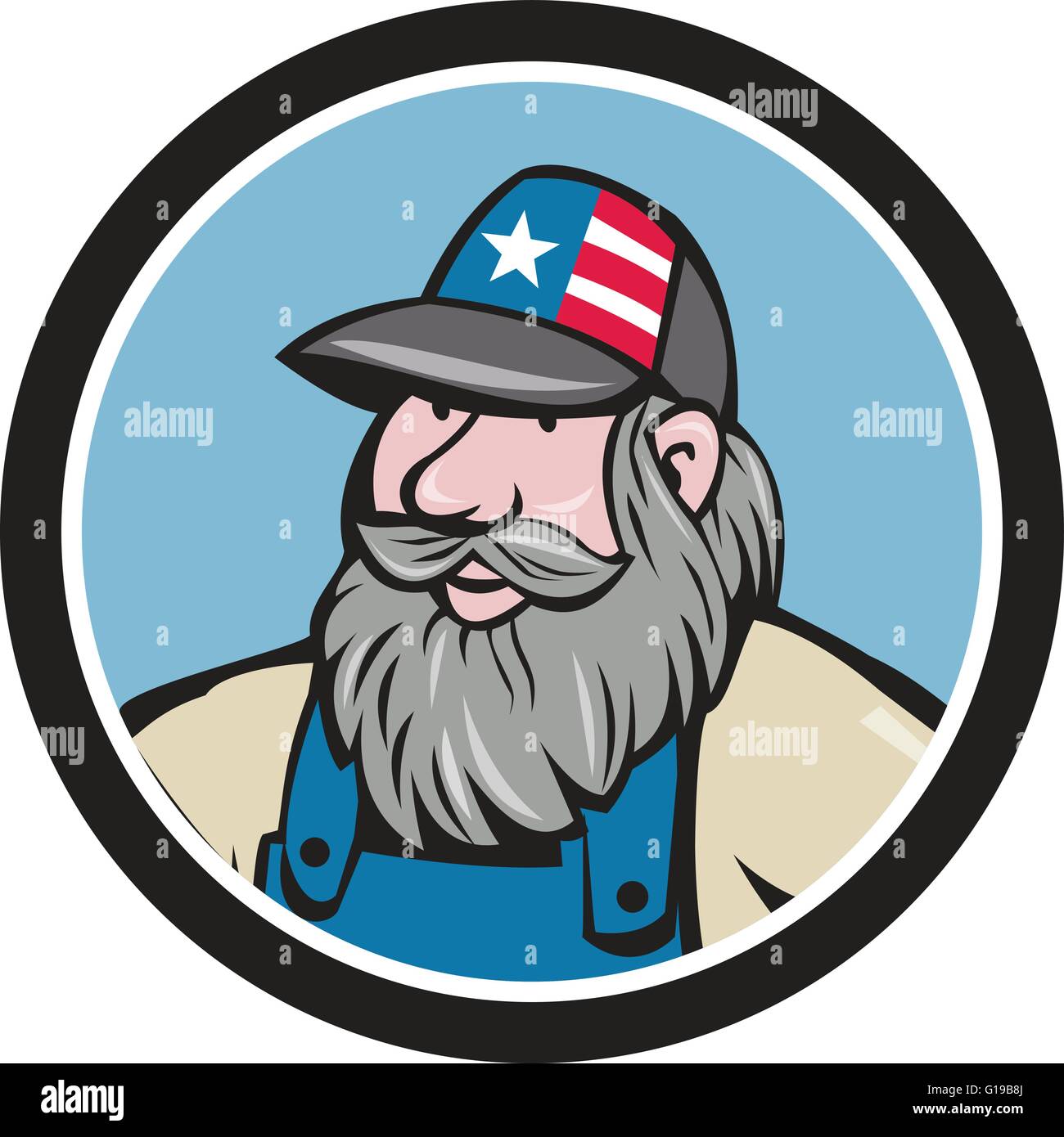 Illustration of a head of hillbilly man with beard wearing hat with stars and stripes looking to the side viewed from front set Stock Vector
