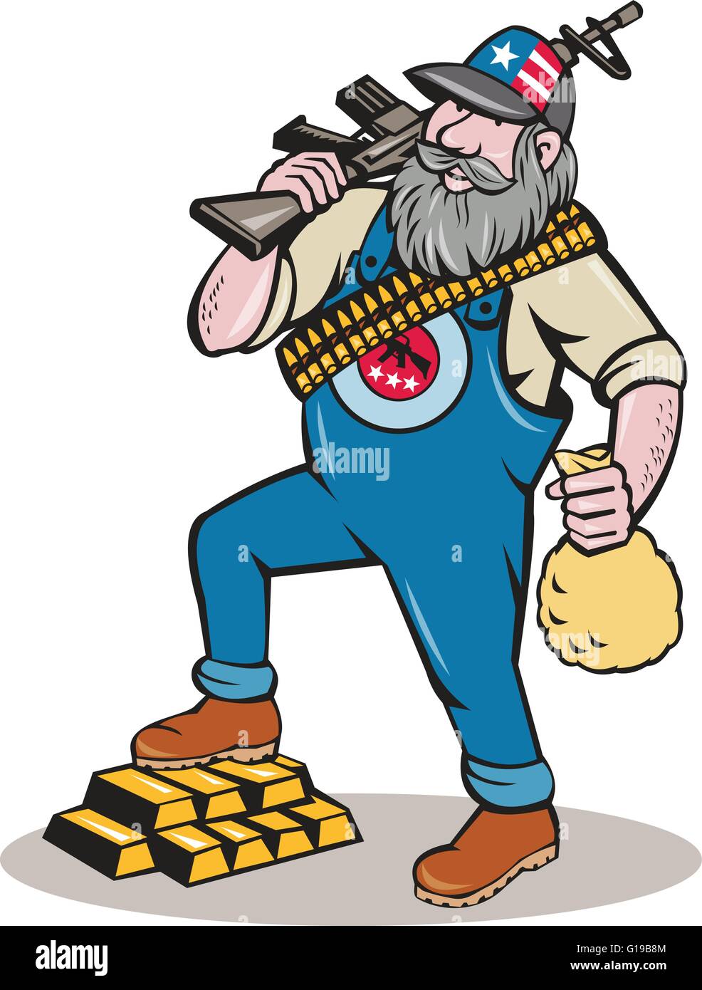 Illustration of a hillbilly man with beard wearing hat with stars and stripes and ammunition worn across the body holding rifle Stock Vector