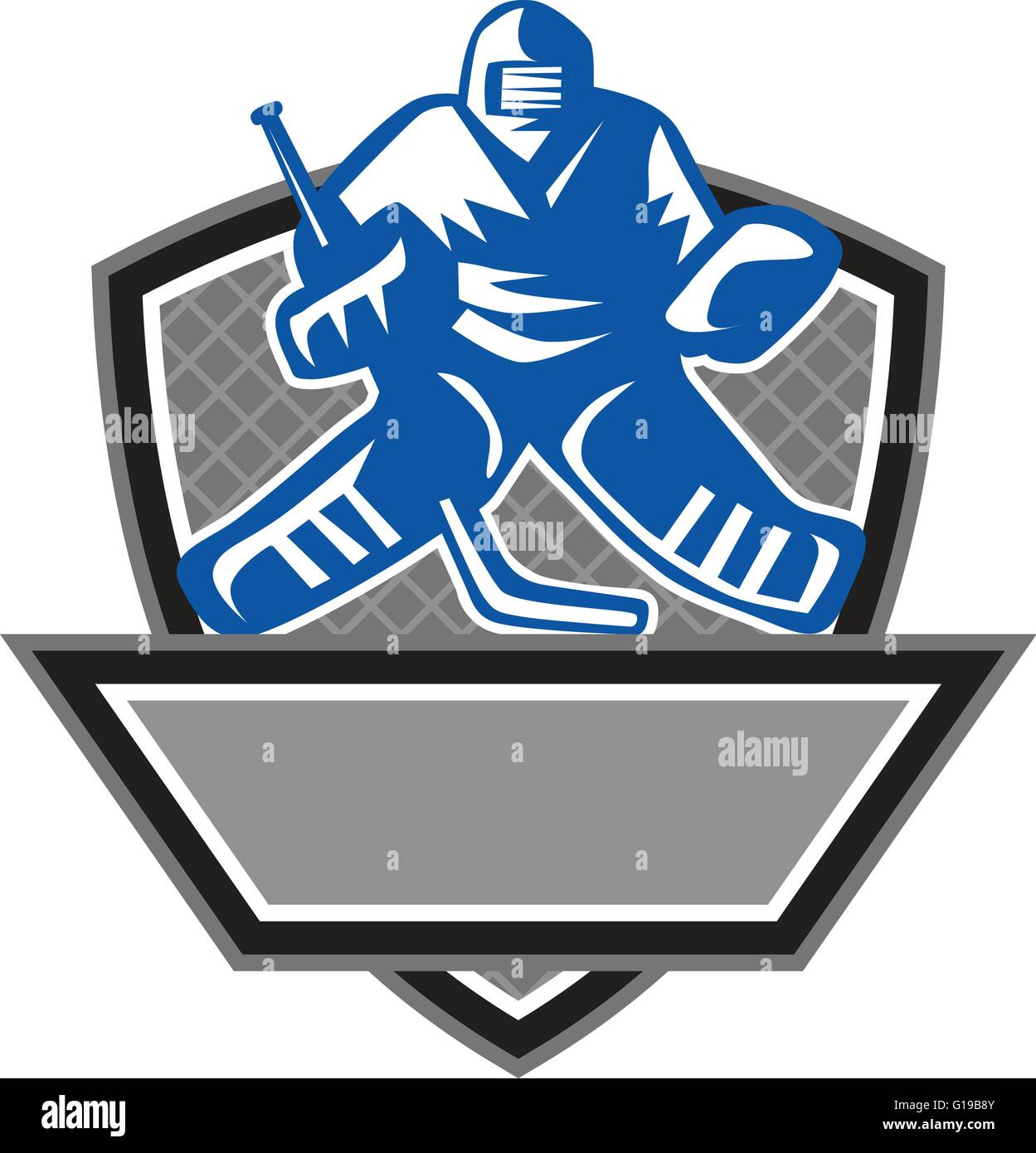 Illustration of a ice hockey goalie wearing helmet holding hockey stick