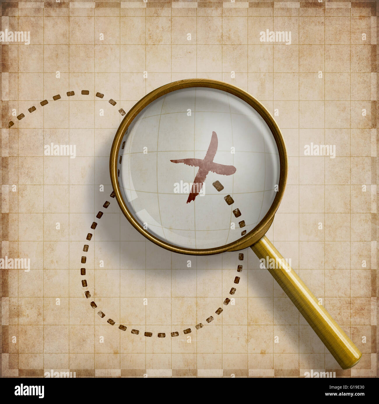Magnifying glass with marked location on old map 3d illustration Stock Photo