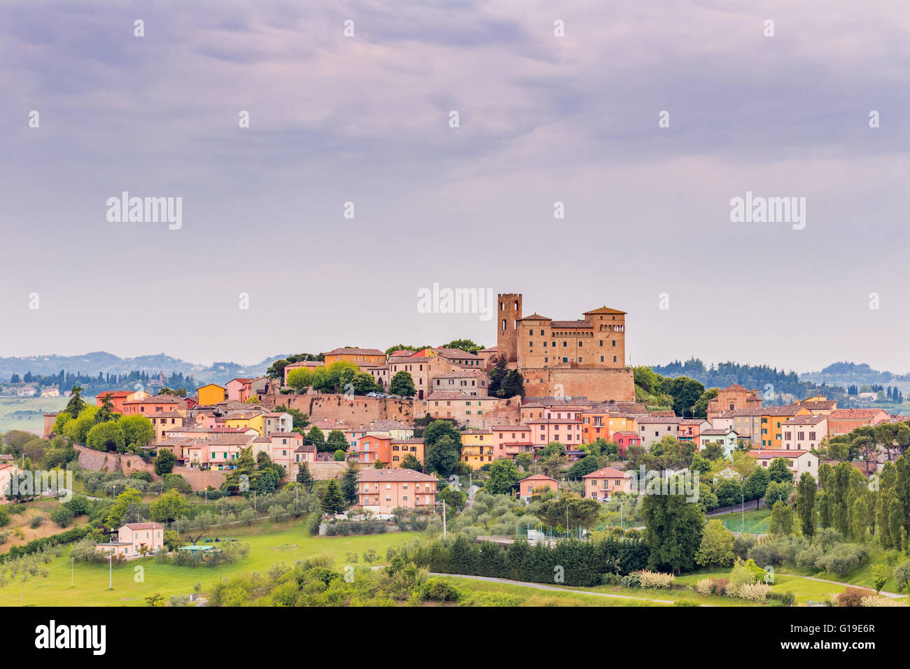 the magic of a medieval castle in the rolling hills of Romagna in Italy Stock Photo