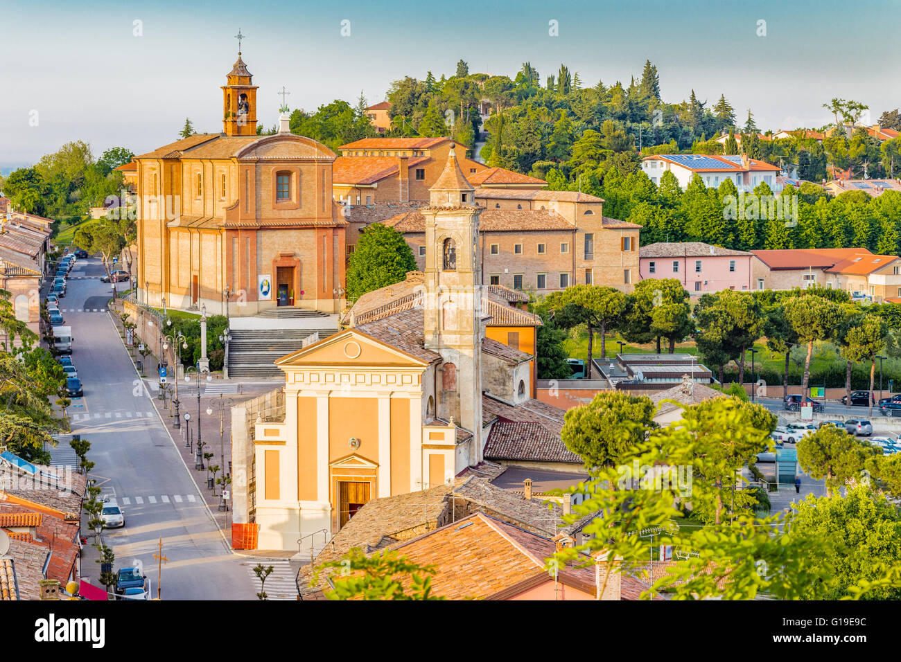 Panorama of the medieval village of Longiano in the Romagna hills near Cesena in Italy, with its ancient buildings and churches Stock Photo