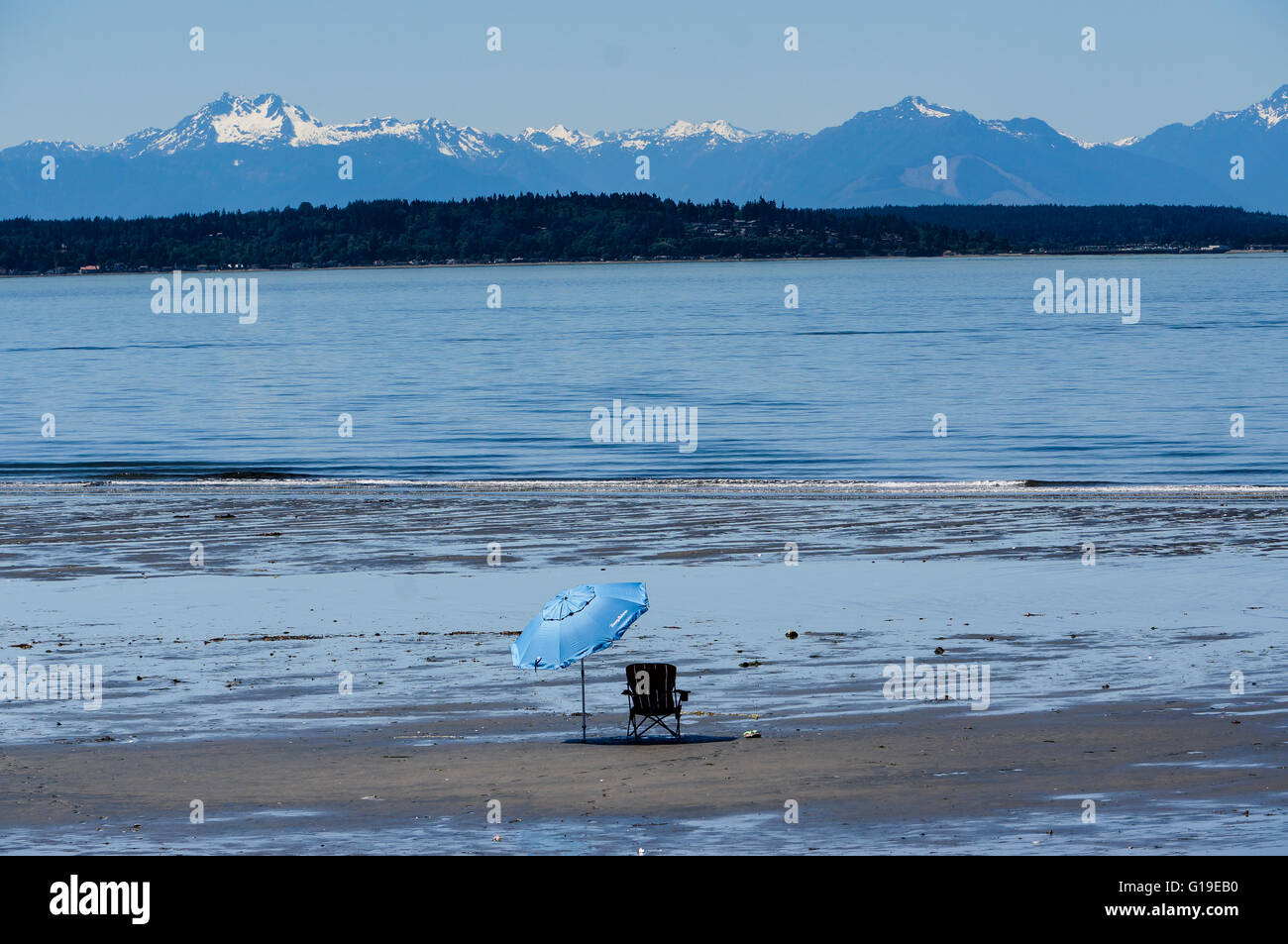 Chair And Blue Umbrella On Sand At Low Tide On Puget Sound