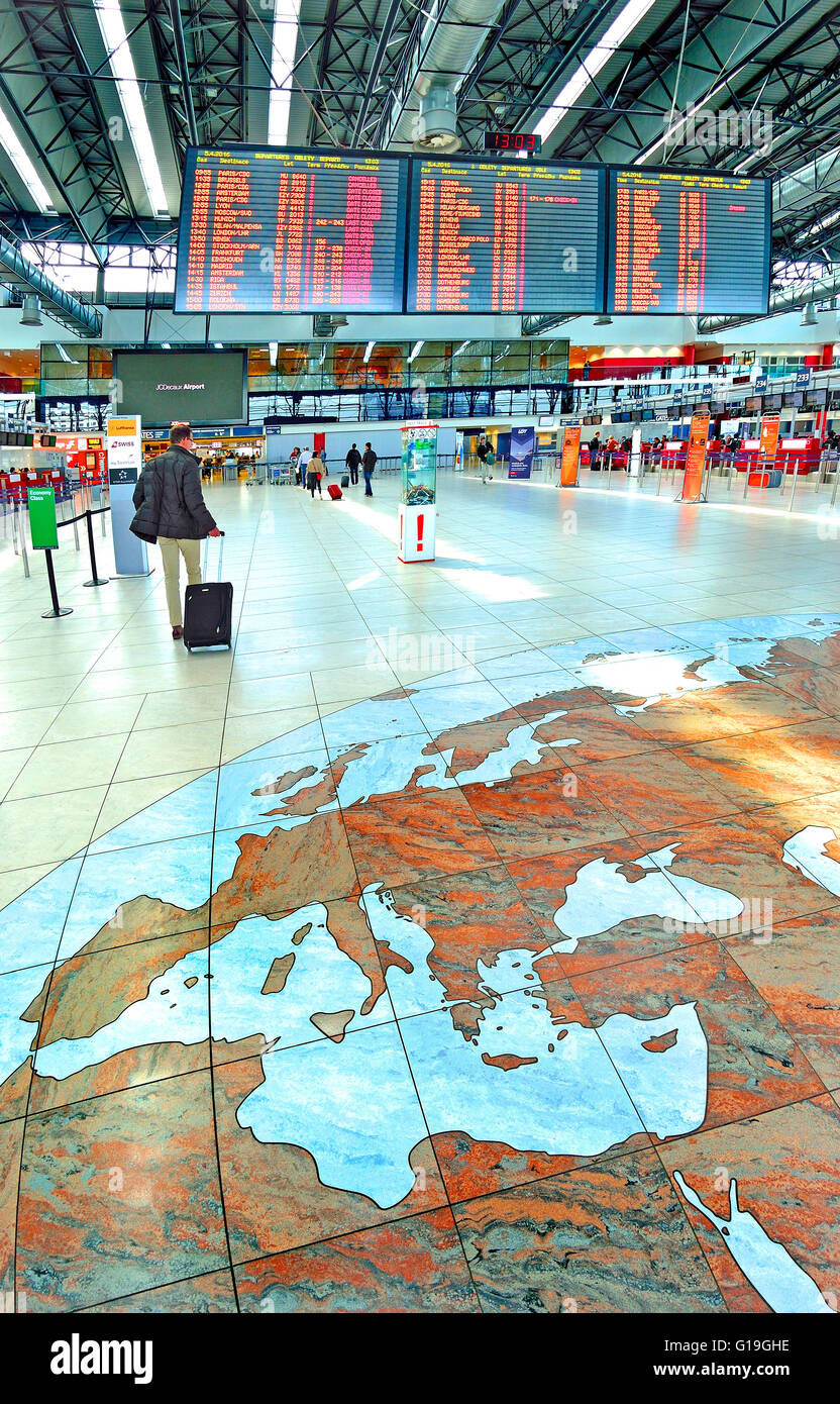 Prague, Czech Republic. Vaclav Havel international Airport,terminal 2. Map of the world on the floor Stock Photo
