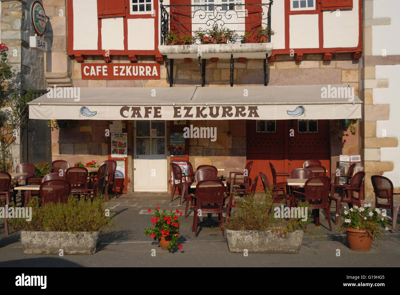 Cafe Ezkurra in the early morning, Ainhoa, Pyrénées-Atlantiques, France Stock Photo