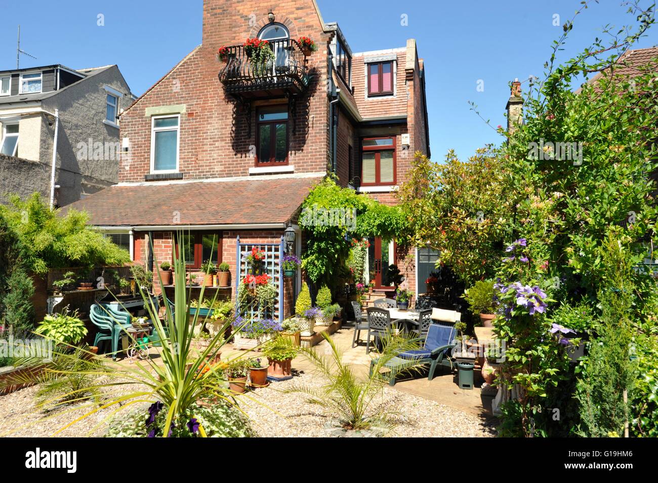 Back garden of a semi detached house in Sheffield. UK Stock Photo