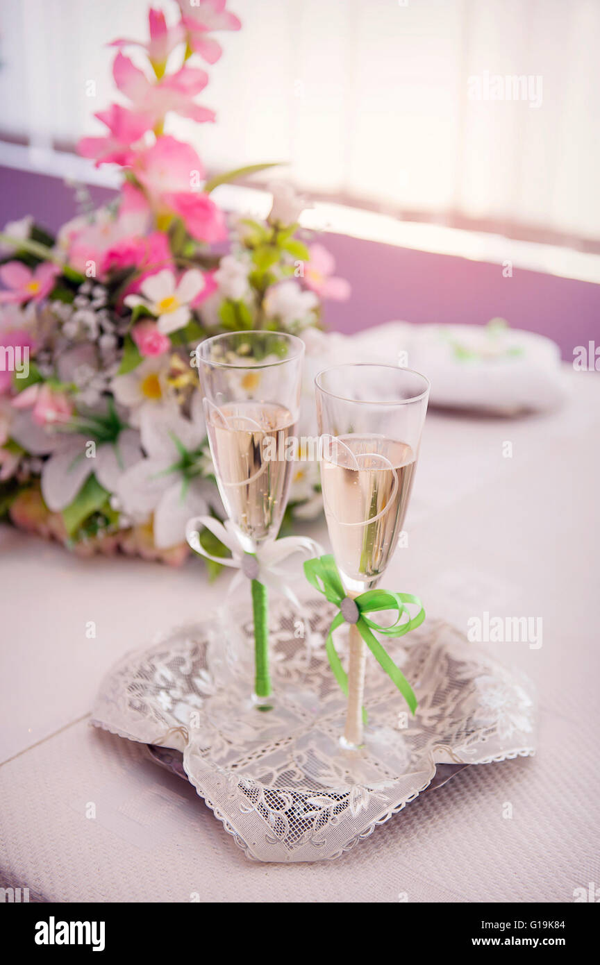 two wedding glass on table Stock Photo