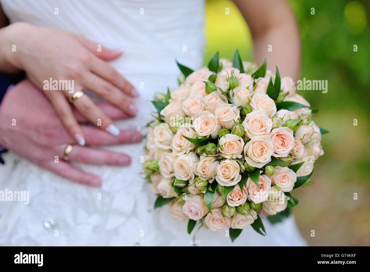the bride holding wedding bouquet of pink and white roses Stock Photo ...