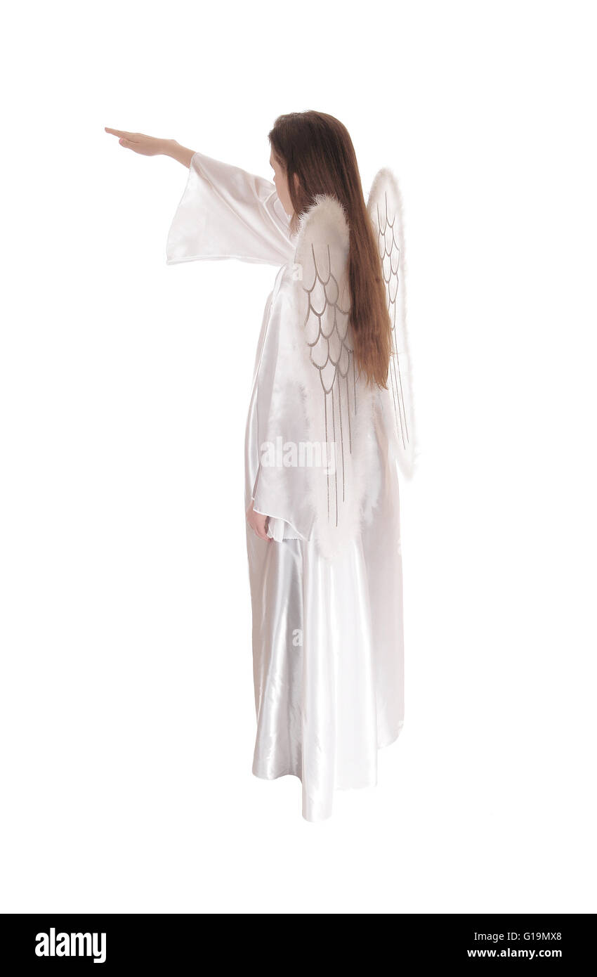 A Angel In A Long White Satain Dress With Wings And Long Brown