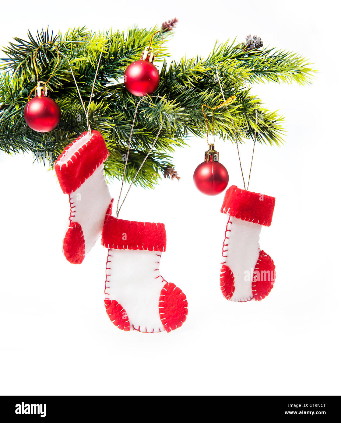 decorated Christmas tree decorated with Christmas boots Santa Cl Stock Photo