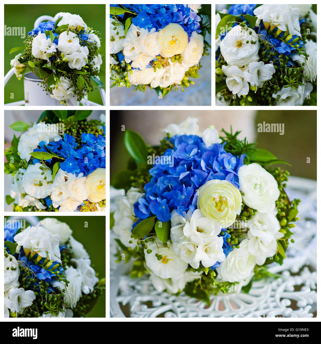 beautiful bouquet of bright blue and white flowers on table Stock Photo ...