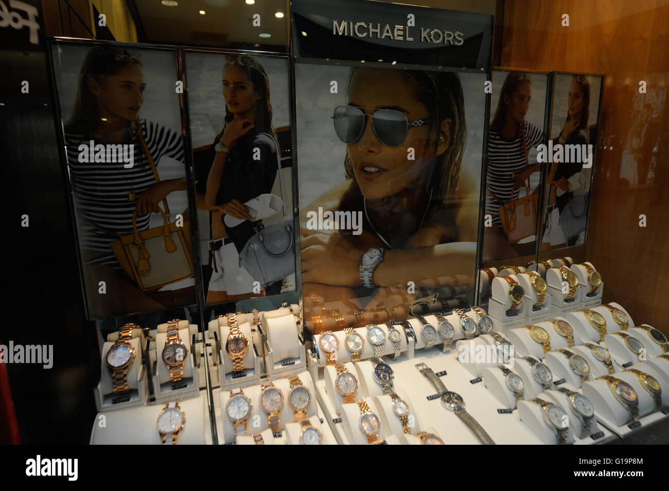 Handbags on display at the Michael Kors boutique within Macy's in New York  on Tuesday, August 4, 2015. First-quarter sales and profits for Michael  Kors handbag designer beat analysts' expectations, albeit low