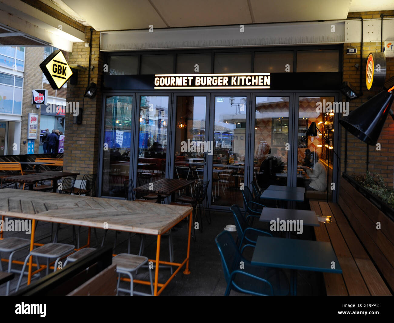 Gourmet Burger Kitchen Restaurant interior in Cardiff Bay - United Kingdom Stock Photo