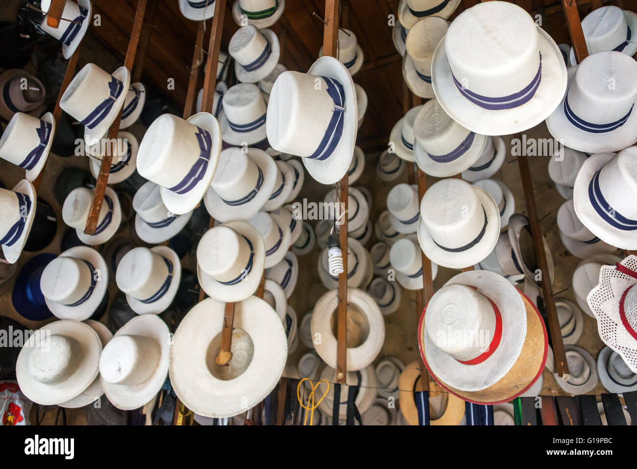 Traditional hats for sale in Cuenca, Ecuador Stock Photo