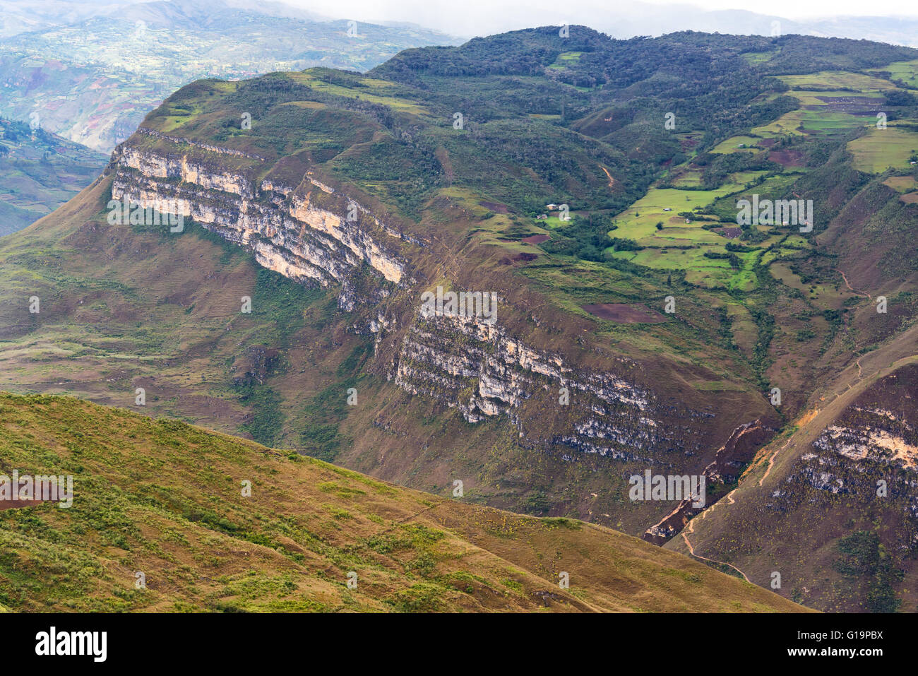 Plateau and farmland landscape outside of Kuelap, Peru Stock Photo