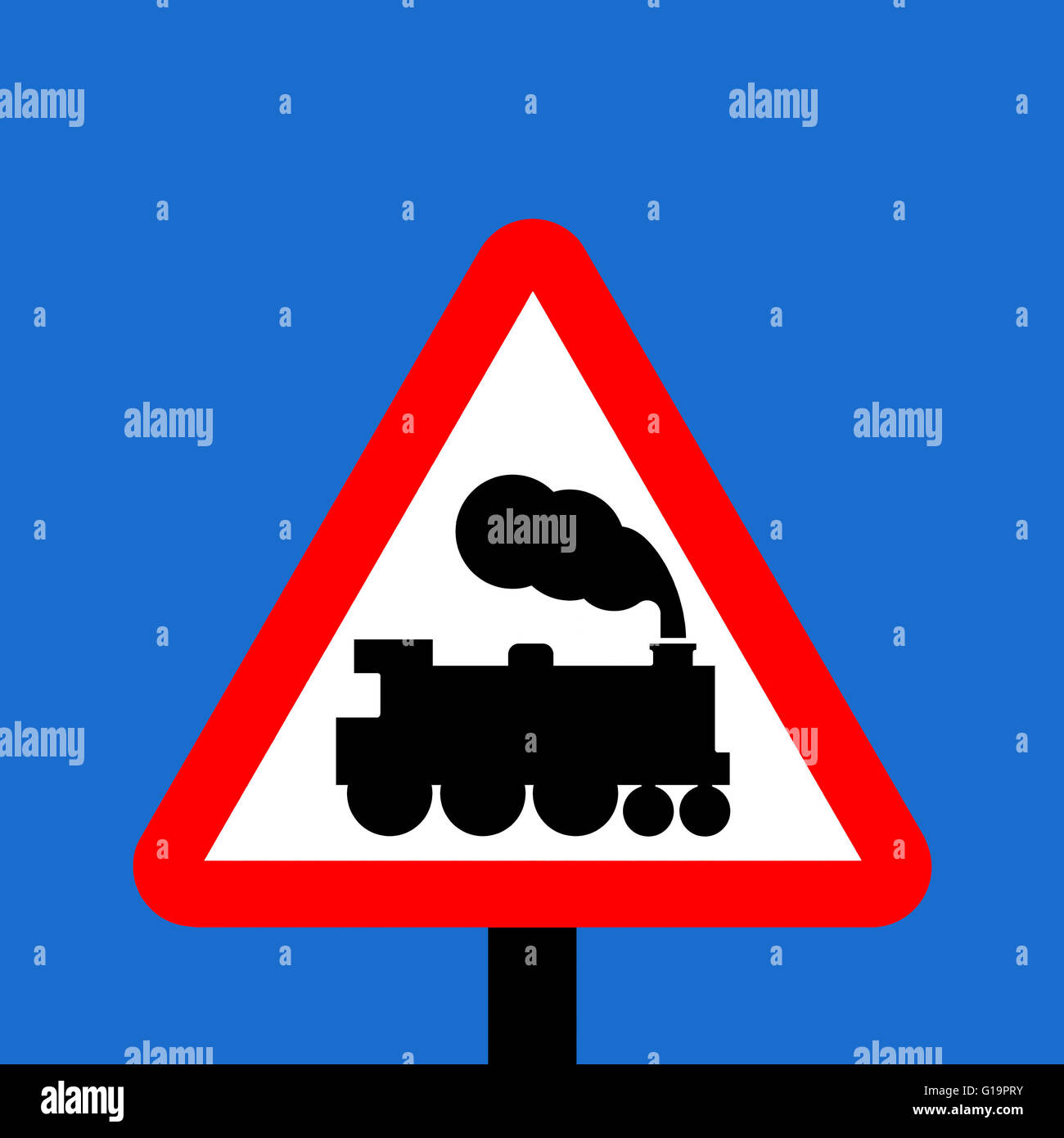 Warning triangle Level crossing without barrier or gate ahead Stock Photo