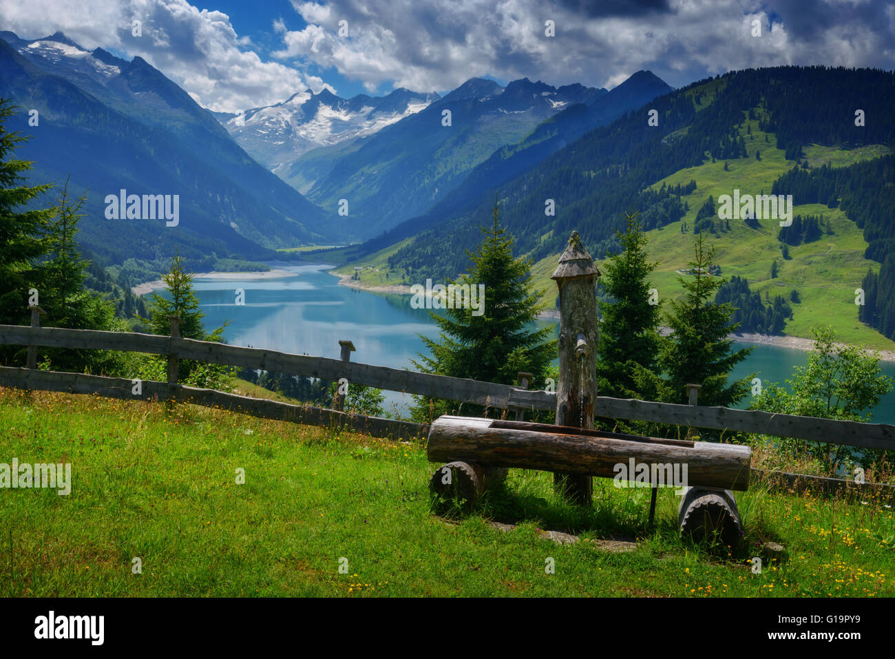 Amazing summer morning on the fantastic Speicher Durlassboden lake. Alps, Austria, Europe. Stock Photo