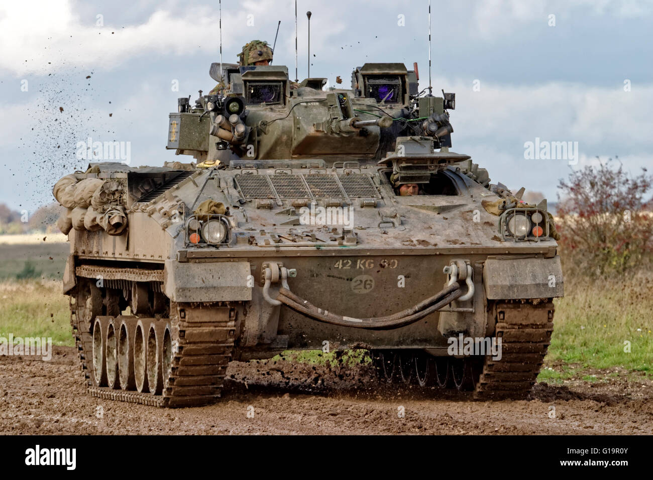 A British Army Warrior Infantry Fighting Vehicle, MCV-80, on the Salisbury Plain military Training Area in Wiltshire, UK. Stock Photo
