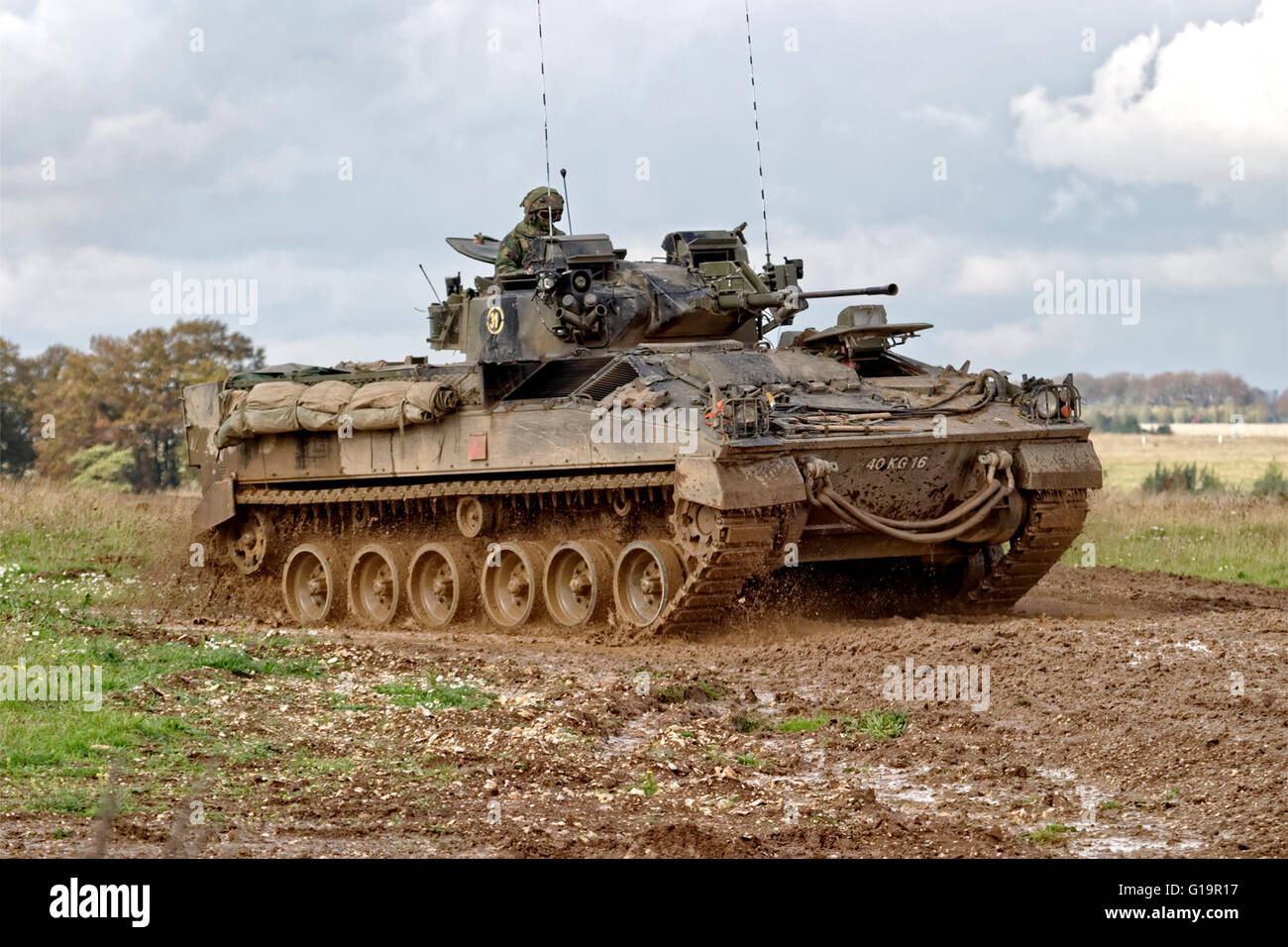 A British Army Warrior Infantry Fighting Vehicle, MCV-80, on the Salisbury Plain military Training Area in Wiltshire, UK. Stock Photo