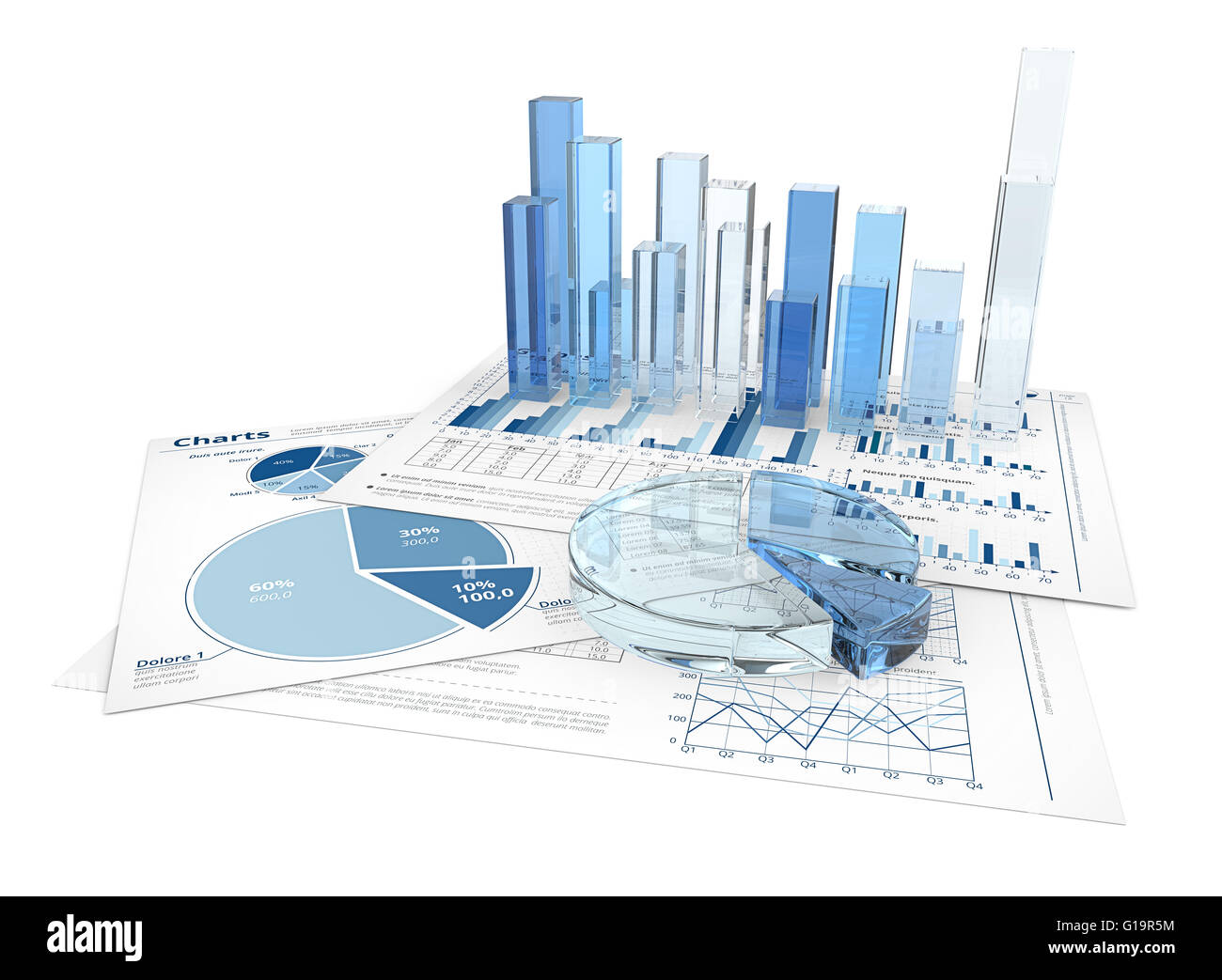 Financial documents with 3D graphs and pie charts of glass. Stock Photo