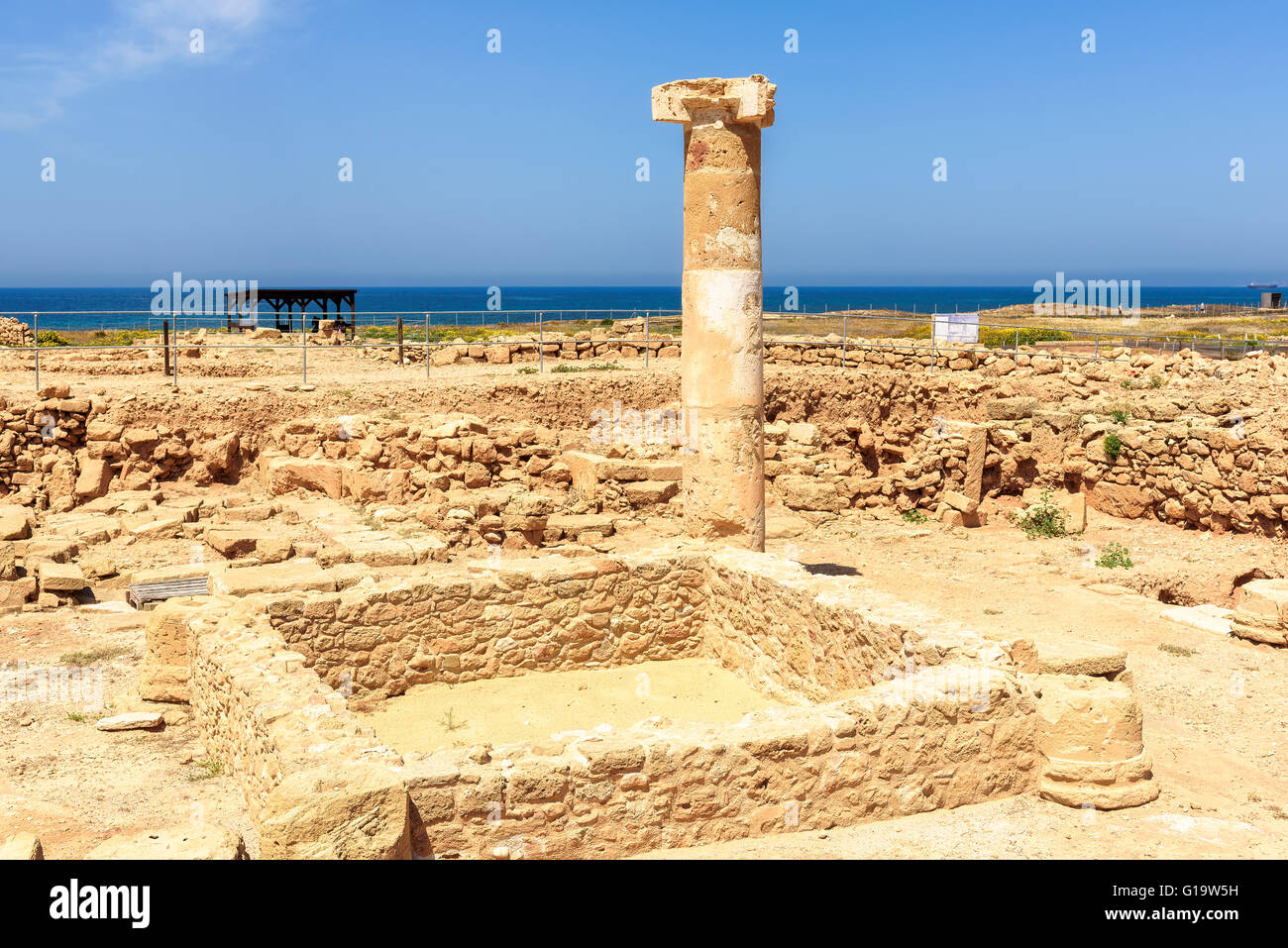 Ancient carved stone column at an archaeological site in Paphos, Cyprus. Stock Photo