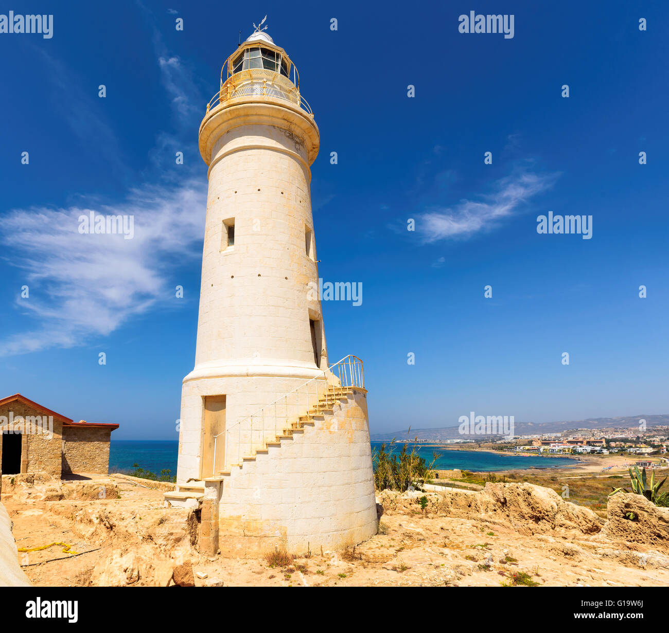 Old lighthouse on the Mediterranean coast Stock Photo