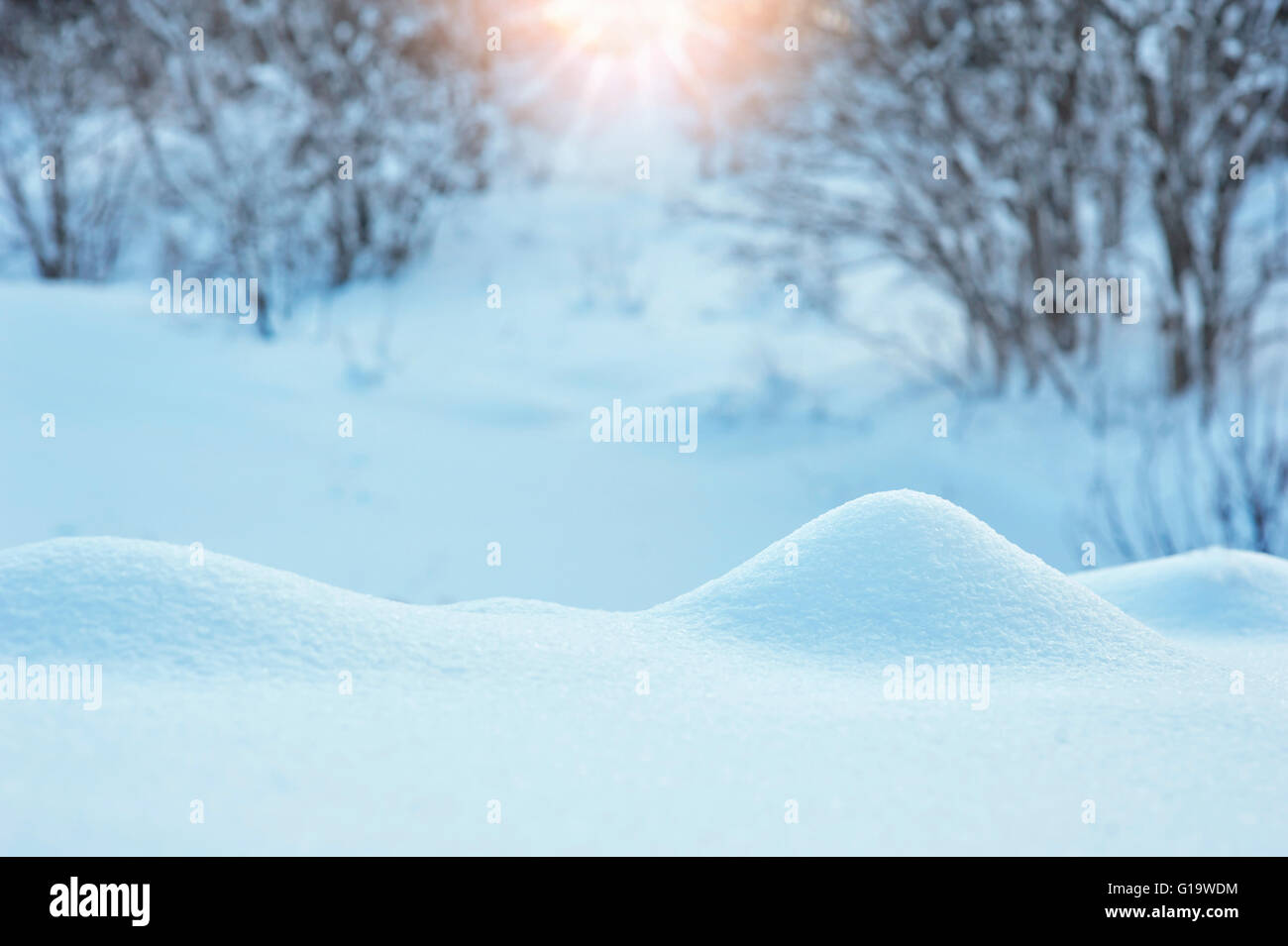Winter background with a snowdrift and sun Stock Photo