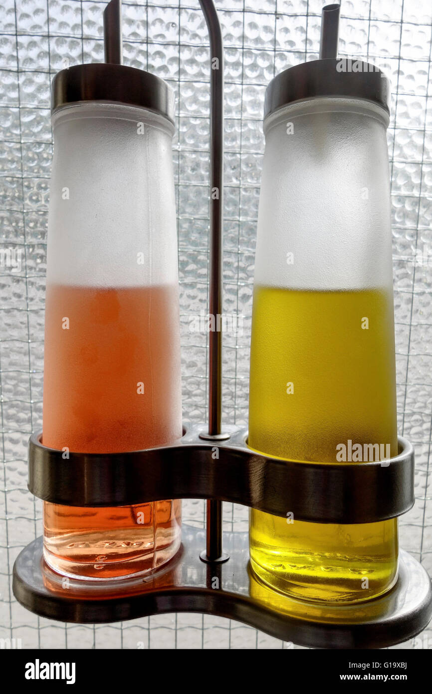 Oil/Vinegar Cruet set, frosted glass, stainless steel Stock Photo Alamy
