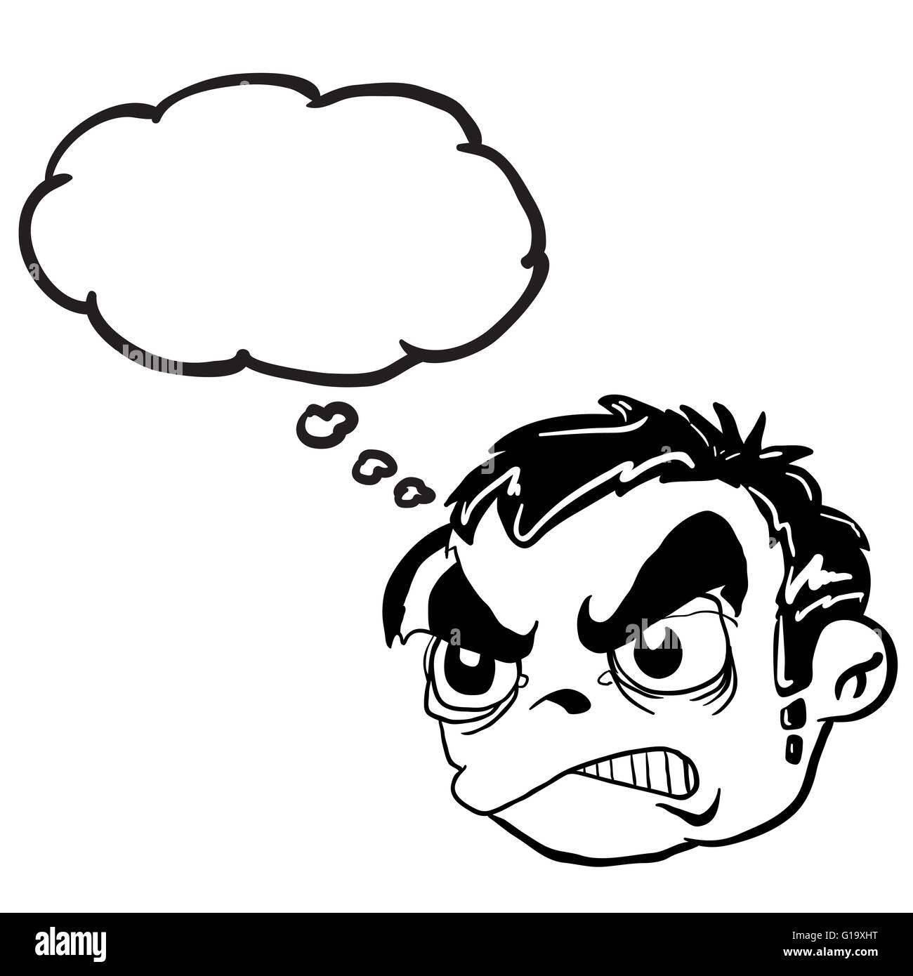 simple black and white angry boy head with thought bubble Stock Vector