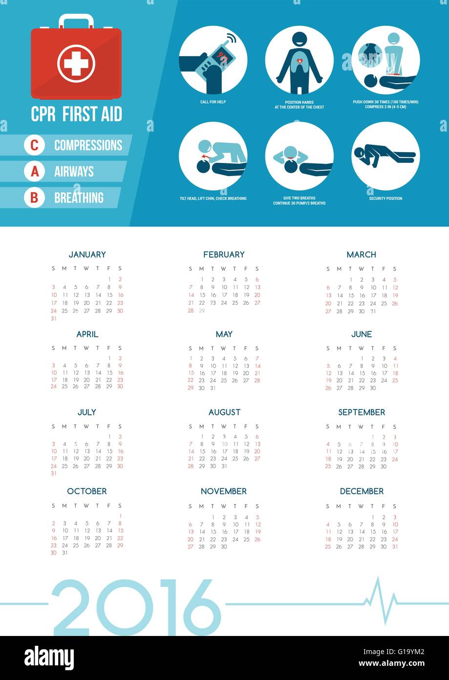CPR and first aid kit calendar 2016 with medical supplies for emergencies, healthcare concept Stock Vector