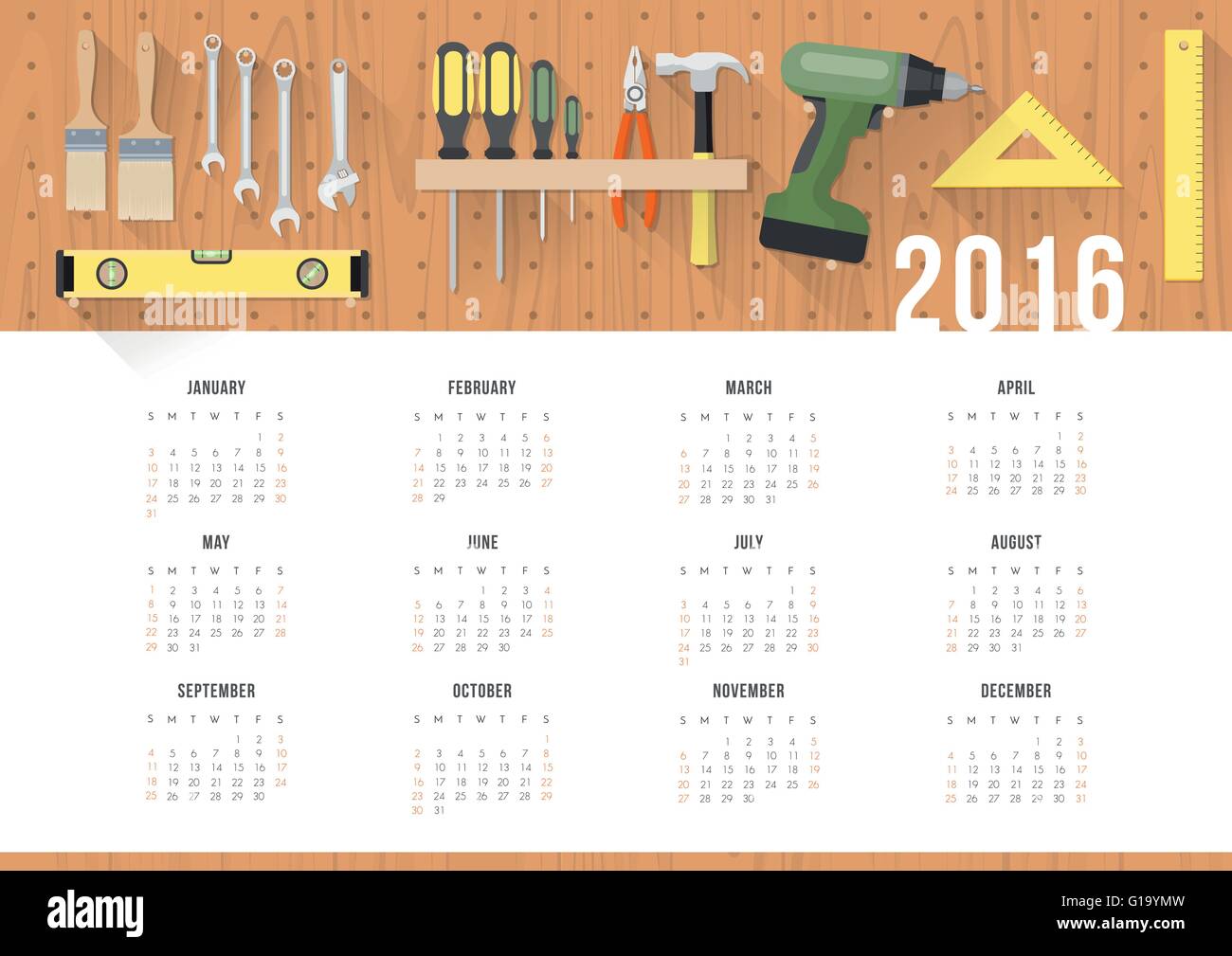 Diy and home renovation calendar 2016 with work hardware tools hanging on a pegboard Stock Vector