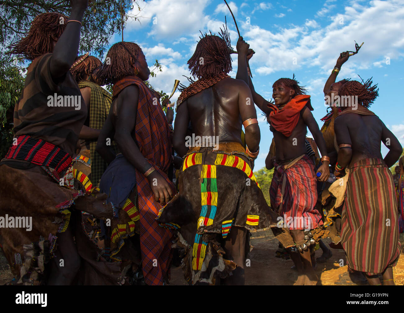 Hamer tribe women dancing during a bull jumping ceremony, Omo valley, Turmi, Ethiopia Stock Photo