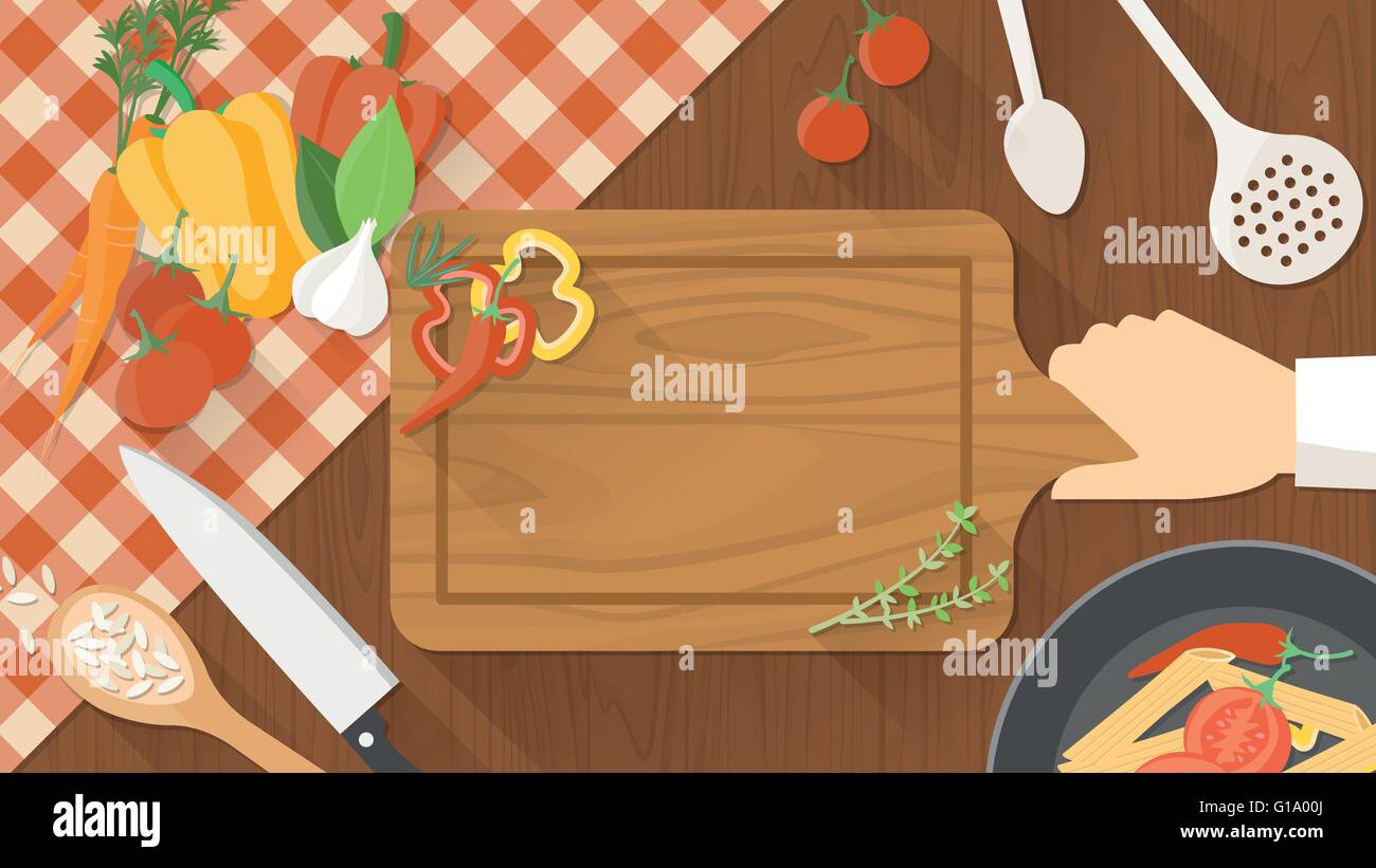 Kitchen wooden worktop with cook's hand holding a chopping board, kitchen tools and vegetables all around, top view Stock Vector
