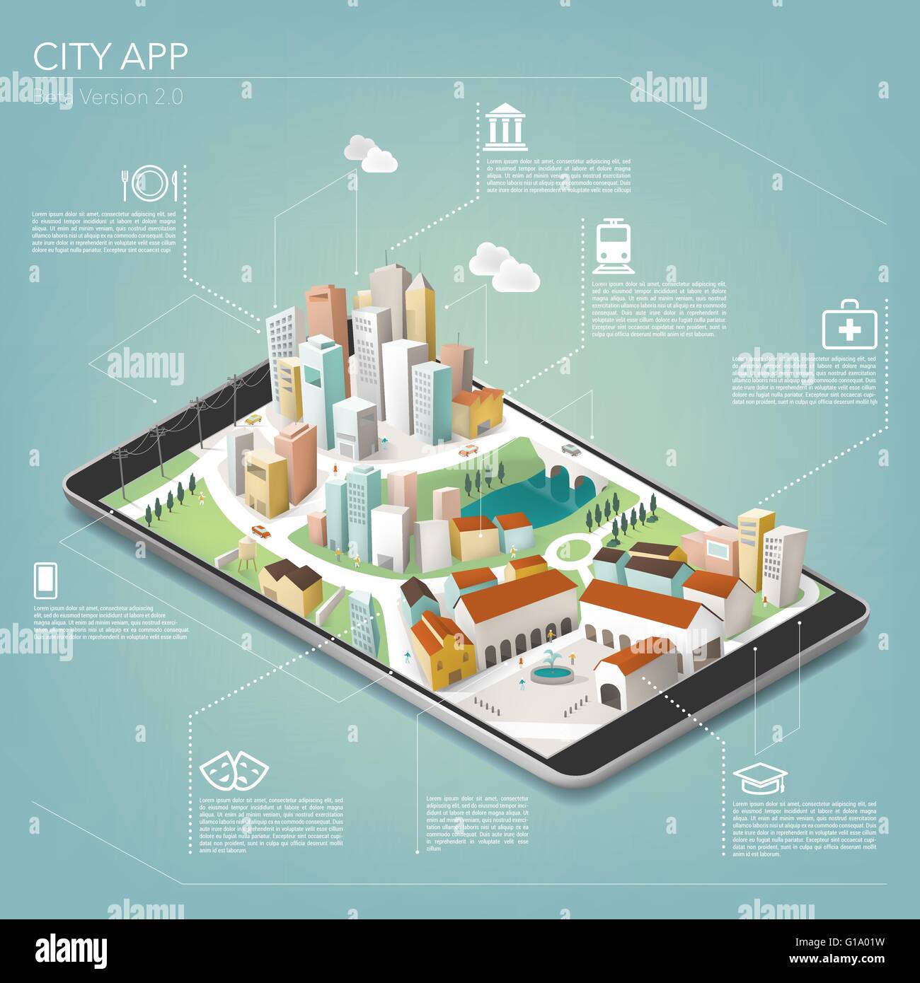3D city on a mobile app with text and icons, mobile and augmented reality concept Stock Vector