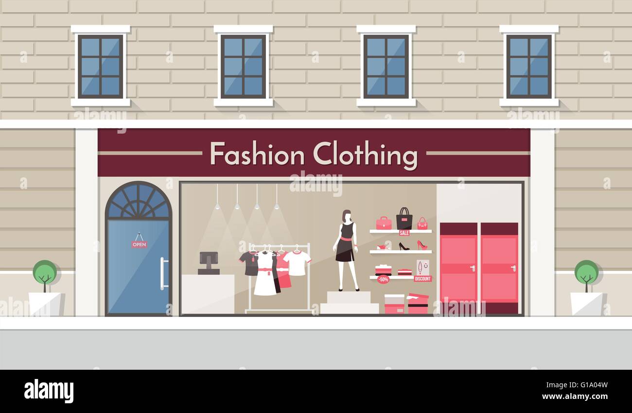 Fashion clothing store display and interior banner, clothes and accessories on a rack and on the shelves Stock Vector