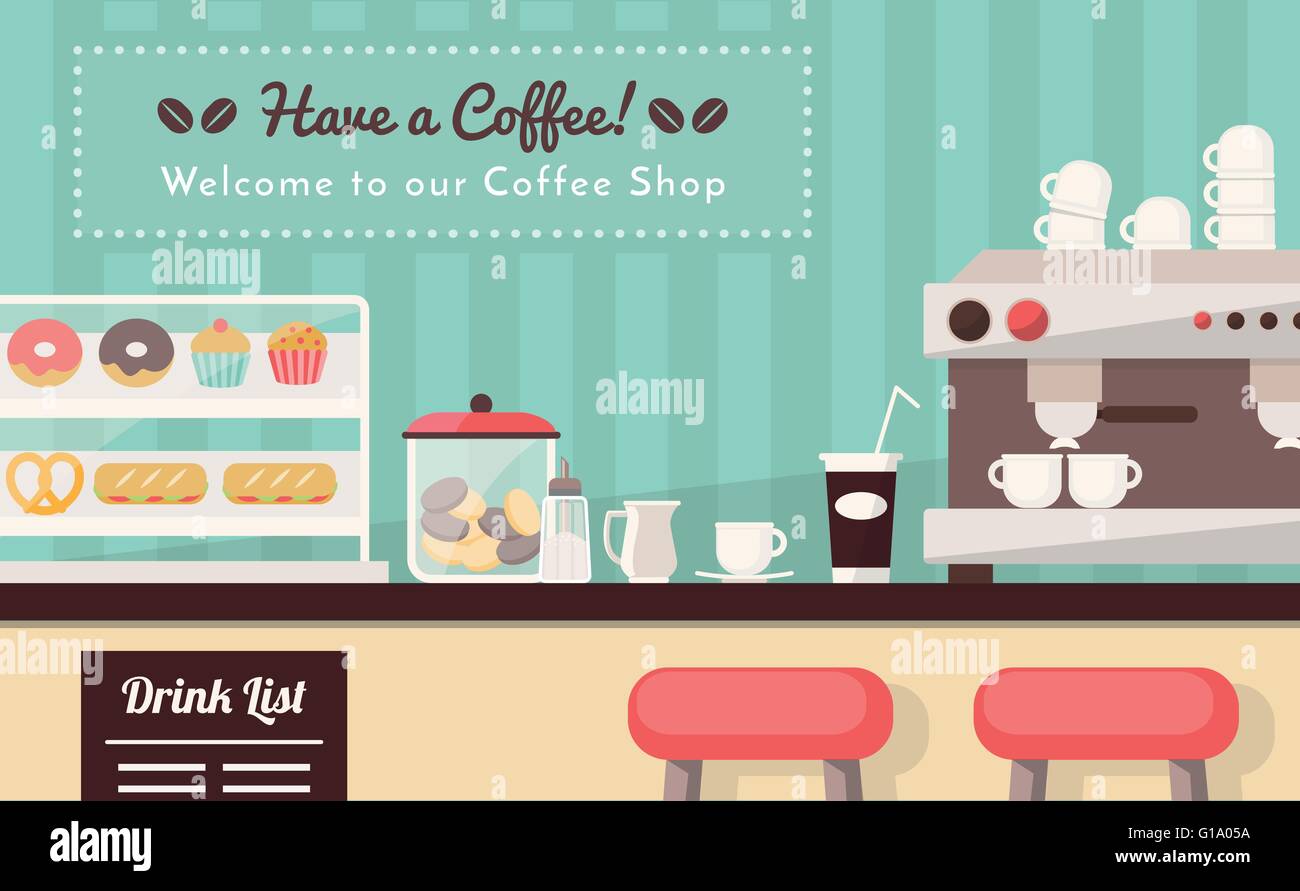 Coffee shop and snack bar banner, bar counter with snacks, espresso cup, take away coffee and coffee machine Stock Vector
