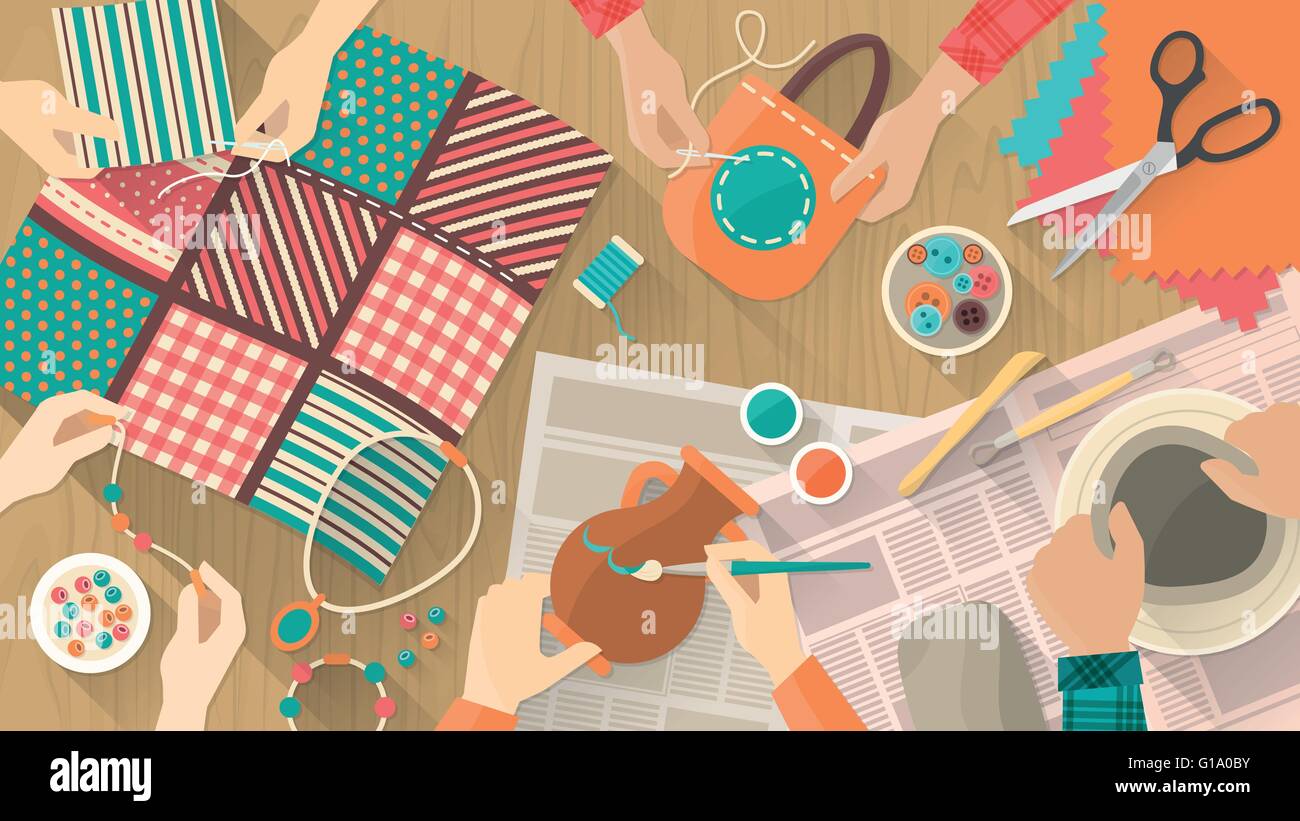 Hobby and crafts banner, people working on different projects, ceramics, painting, sewing, quilting and jewelry, hands top view Stock Vector