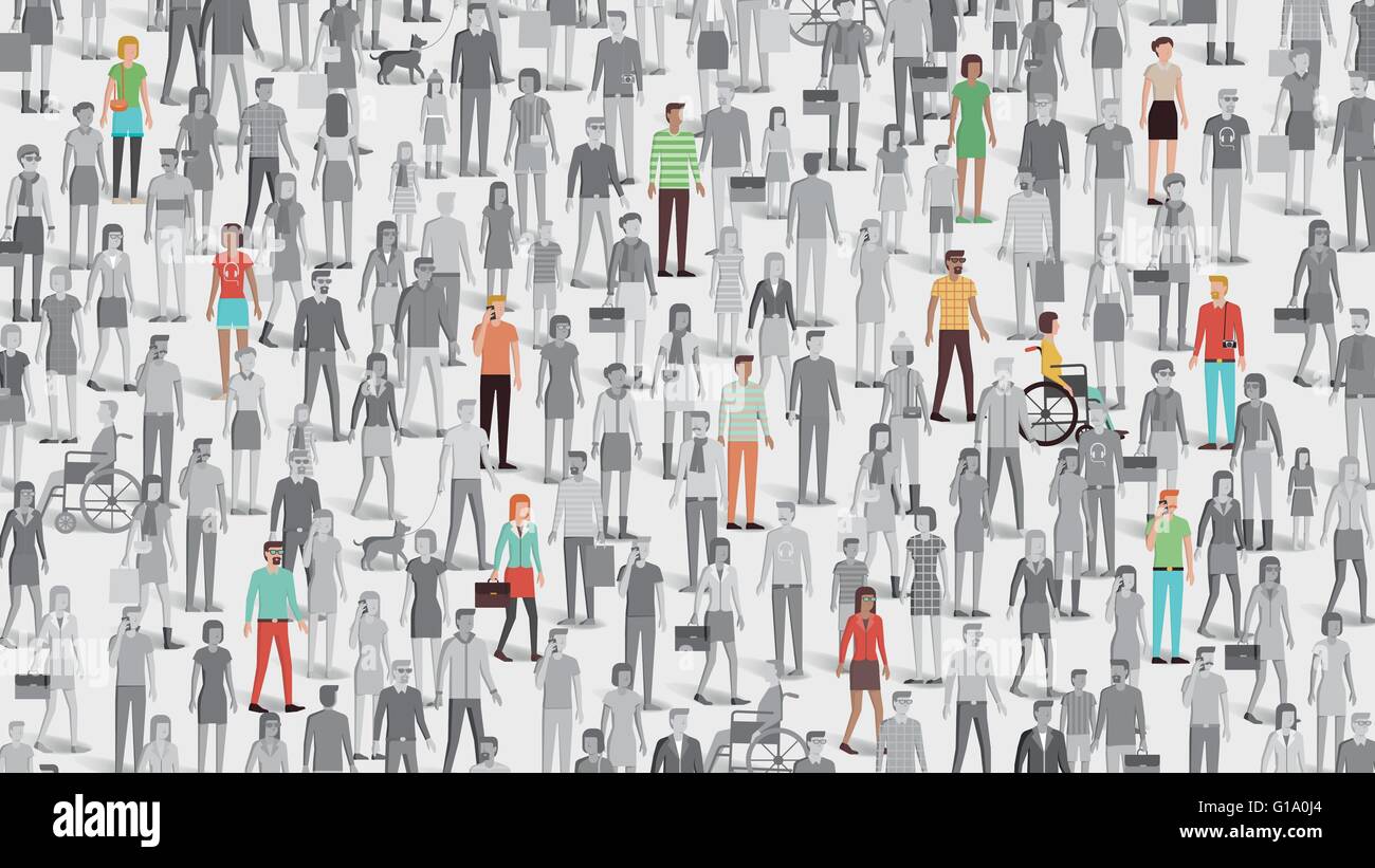 Crowd of people with few individuals highlighted, individuality and diversity concept Stock Vector