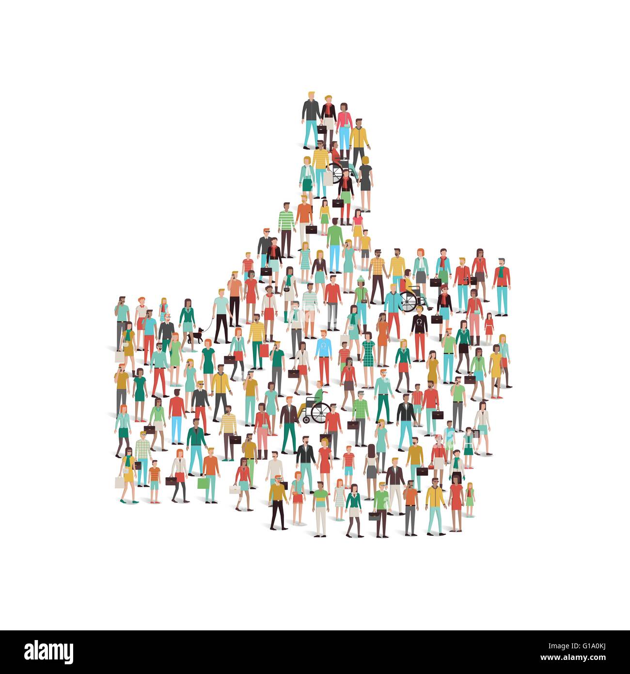 Crowd of people gathering in a thumbs up like shape symbol, social media and community concept Stock Vector
