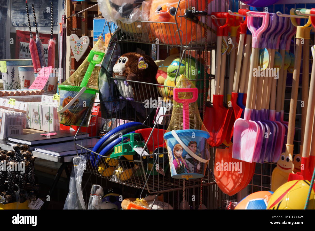 Colorful seaside shop buckets and spades Wells North Norfolk Stock