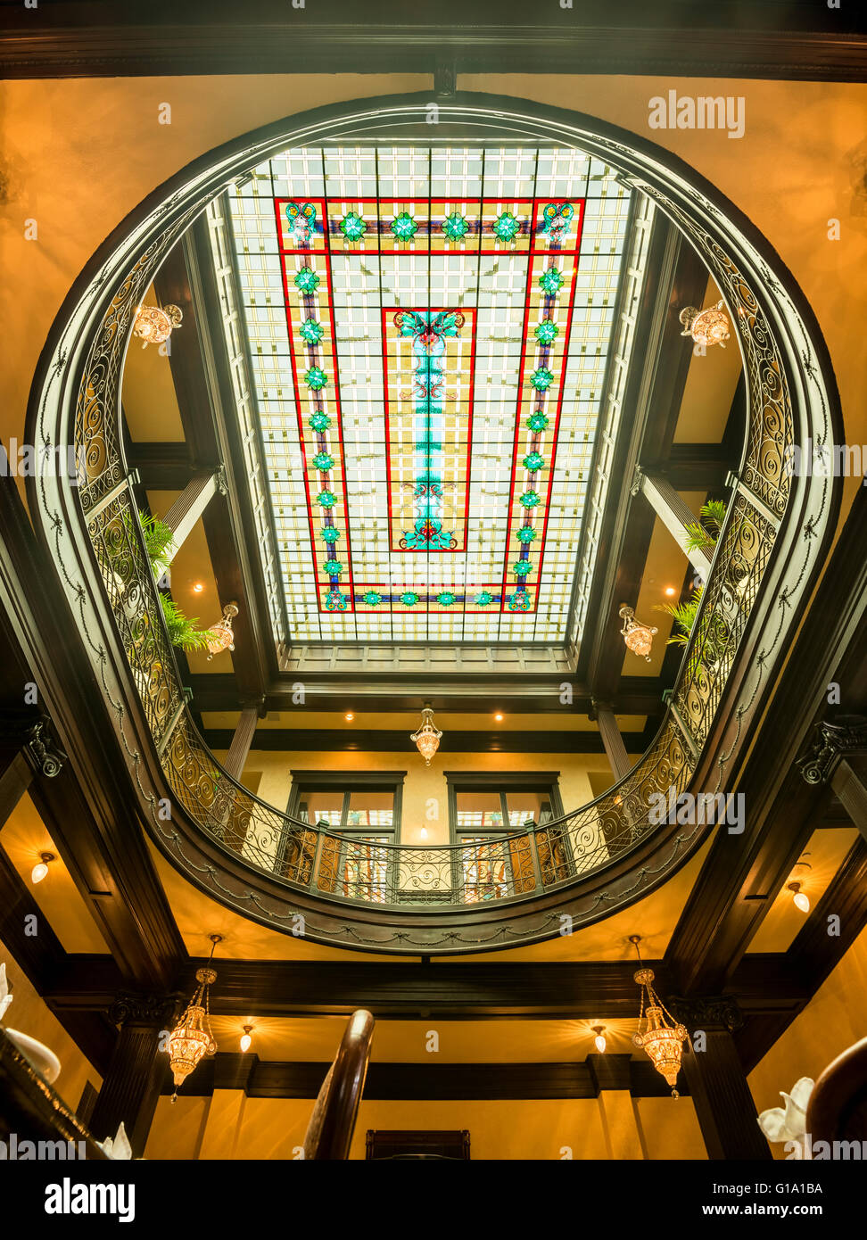 Stained glass ceiling in the atrium of the historic Geiser Grand Hotel