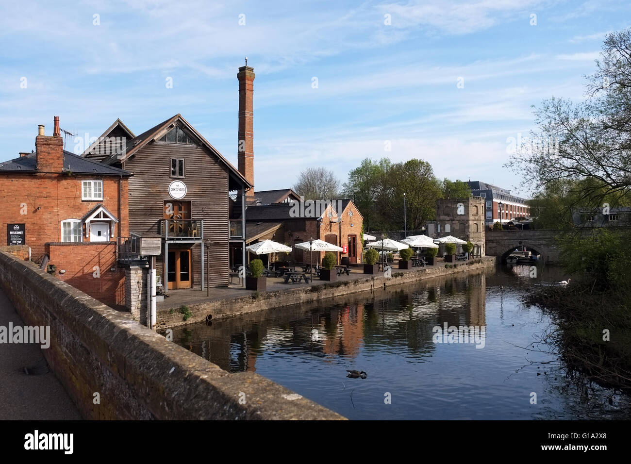 View of Cox's Yard from the Tramway Bridge on the River Avon, at Stratford-upon-Avon, Warwickshire, England, UK. Stock Photo