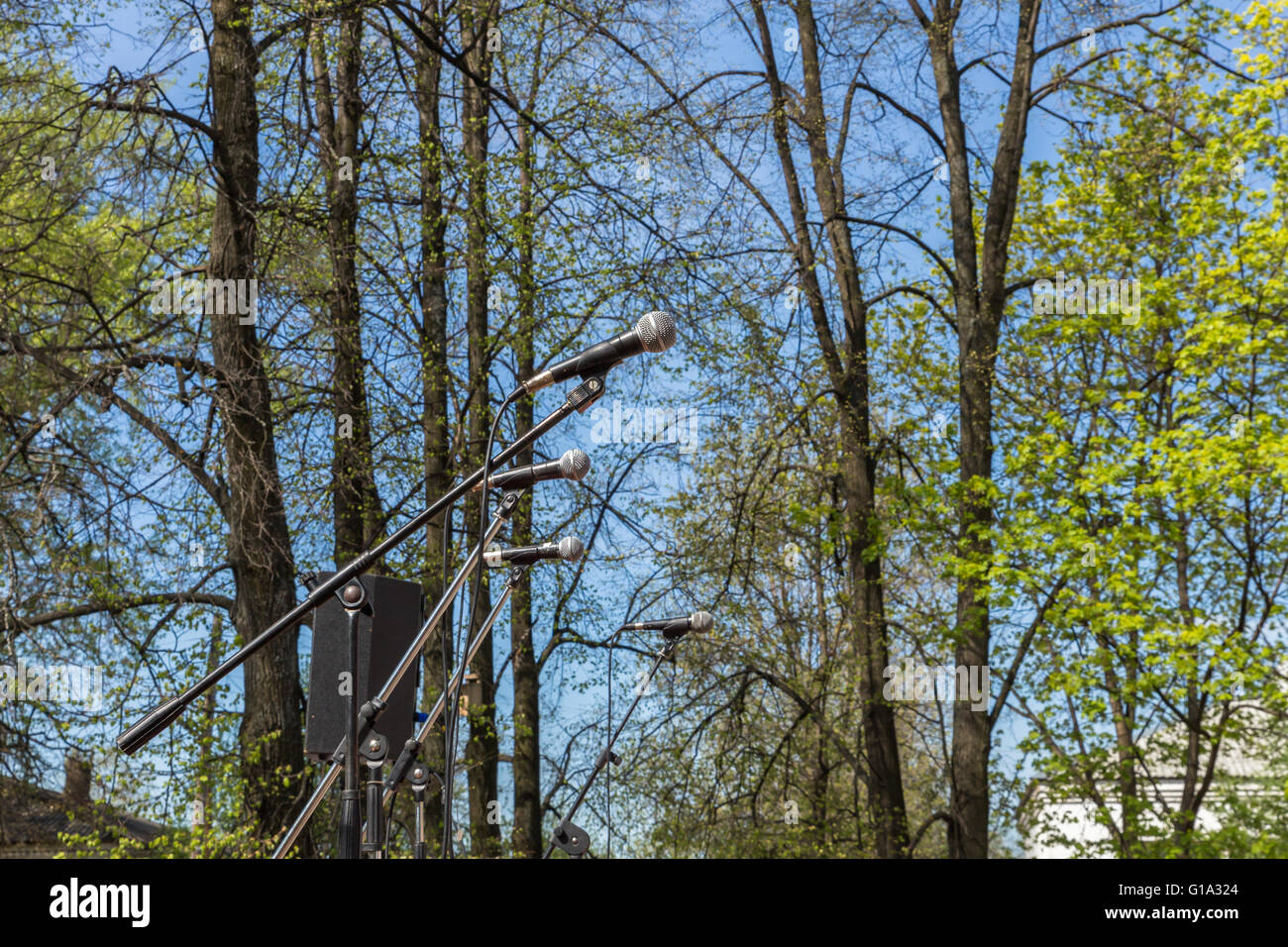 microphones on background of trees Stock Photo Alamy