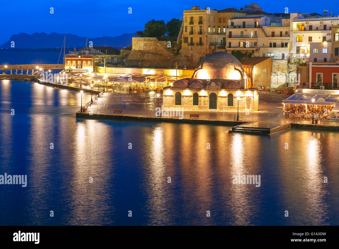 Night Venetian quay, Chania, Crete Stock Photo
