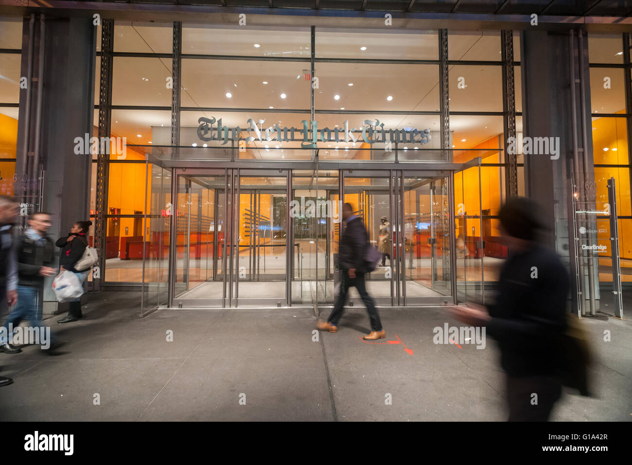 The offices of the the New York Times media empire in Midtown in New York on Tuesday, May 3, 2016. The New York Times Co. reported first quarter earnings effected by the drop in advertising revenue in both digital and print. (© Richard B. Levine) Stock Photo