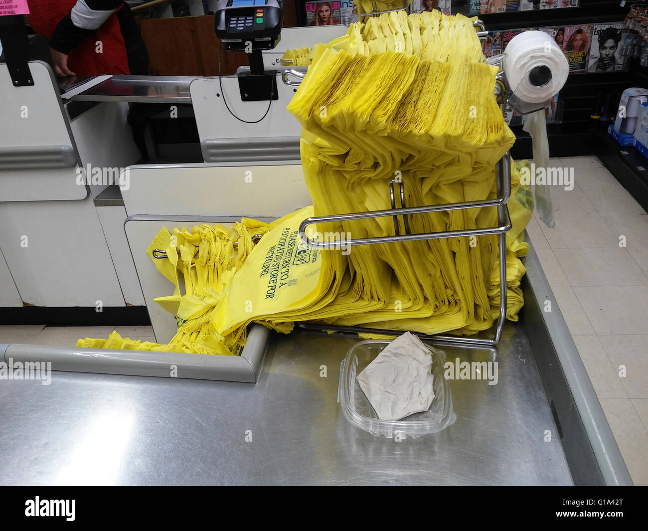 Supermarket plastic bags in New York on Thursday, May 5, 2016. The New York City Council approved a bill to charge shoppers 5 cents for every bag used in order to encourage people to reuse or bring their own bags. (© Richard B. Levine) Stock Photo