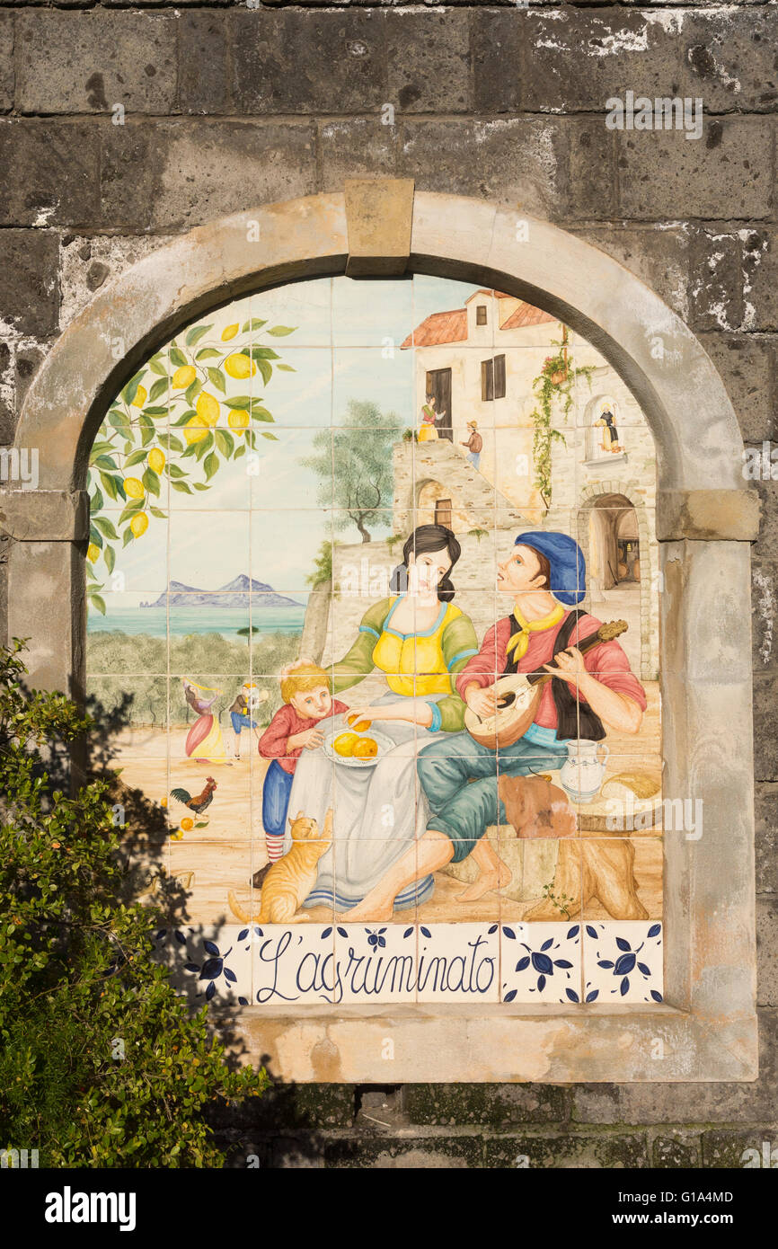 Traditional painted tiles at the entrance to Agruminato Garden at the centre of Sorrento Stock Photo